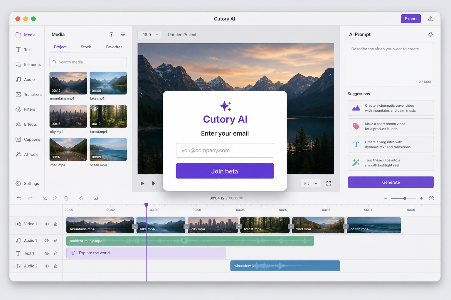 Cutory AI editor screenshot showing a Mac window with an email prompt